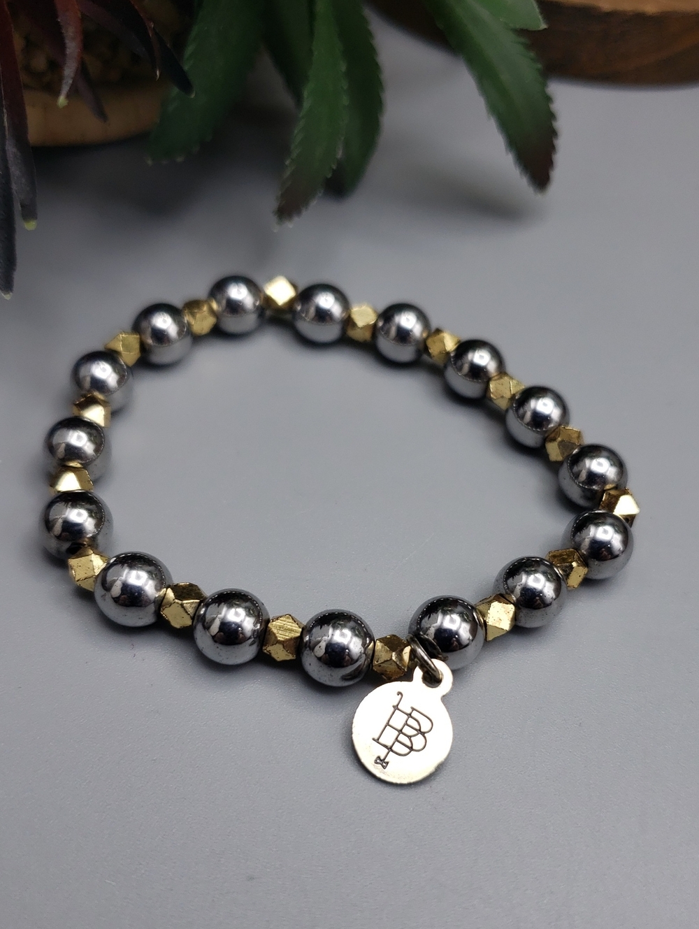 Bourbon & Bowties - Silver w/ Faceted Gold Spacers & BB Charm Stretch Industrial
